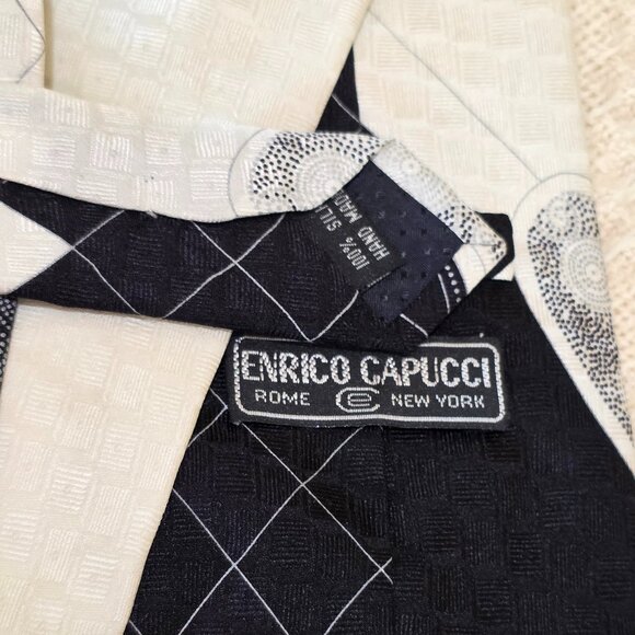 Enrico Capucci Black Gray Cream Retro e4" W 100% Silk Vintage Necktie Tie 58" - Picture 10 of 11